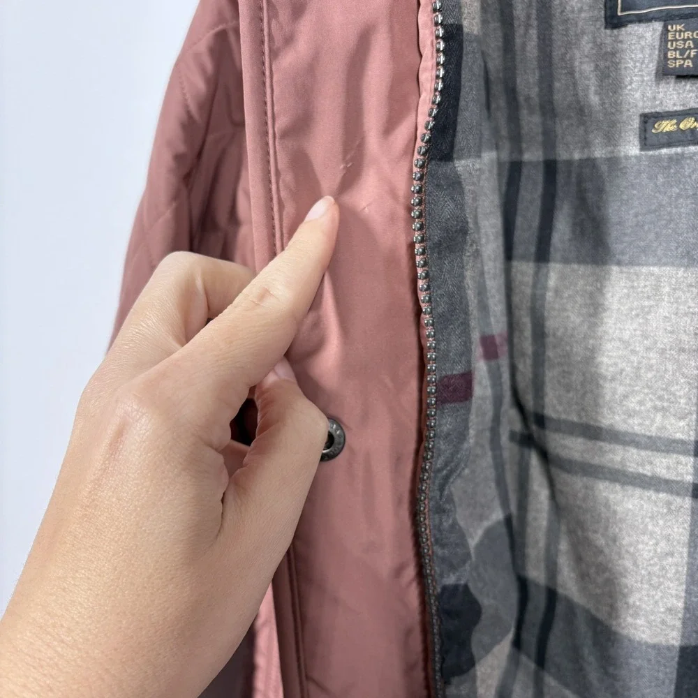 Barbour Womens Millfire Quilted Jacket Size 6 Pink Tartan Zip Up Hooded Winter - Picture 13 of 14